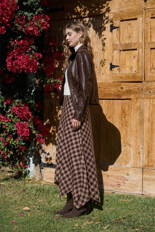 Handkerchief Hem Plaid Midi Skirt in Brown Multi — view 3