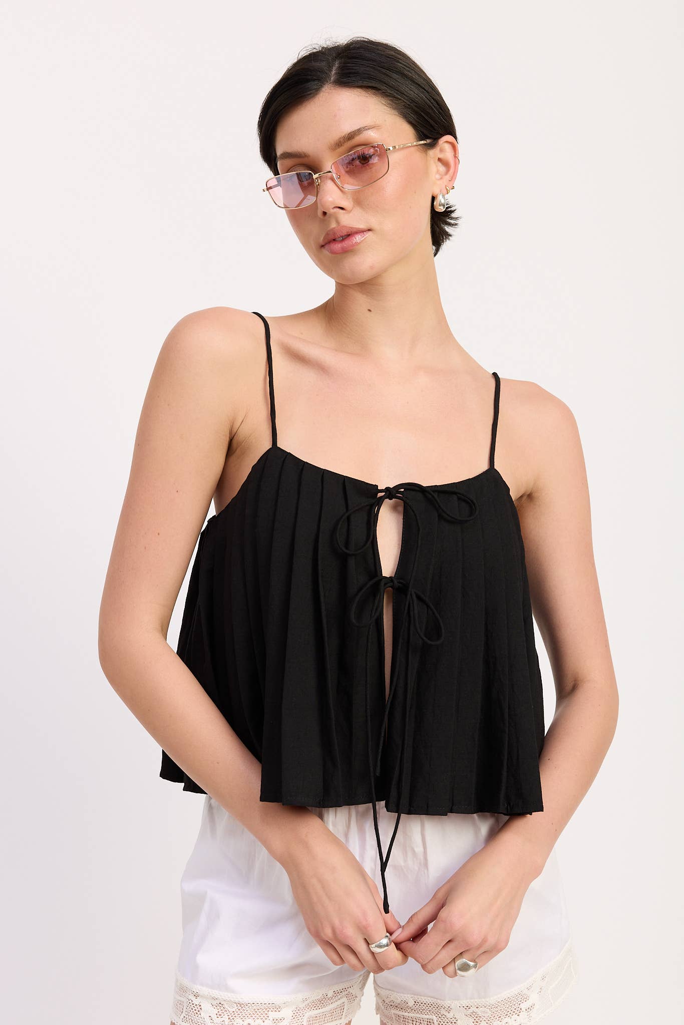 Pleated Tie Front Cami Top in Black