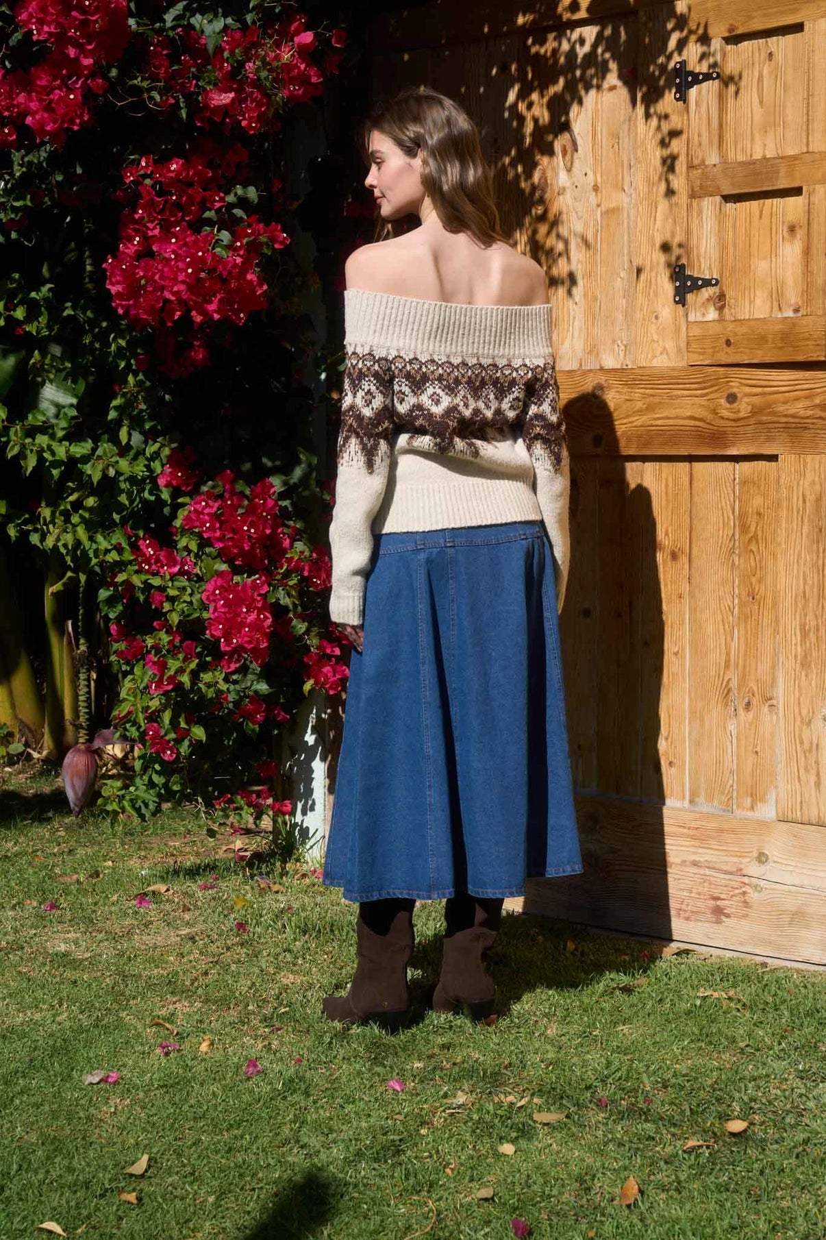 Button Down Panel Detail Denim Midi Skirt in Denim Blue — view 6