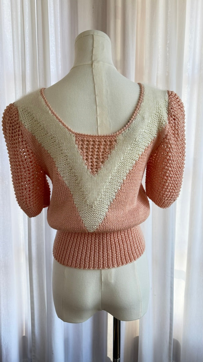 Vintage Pink and Cream Angora Knit Puff Sleeve Sweater — view 3