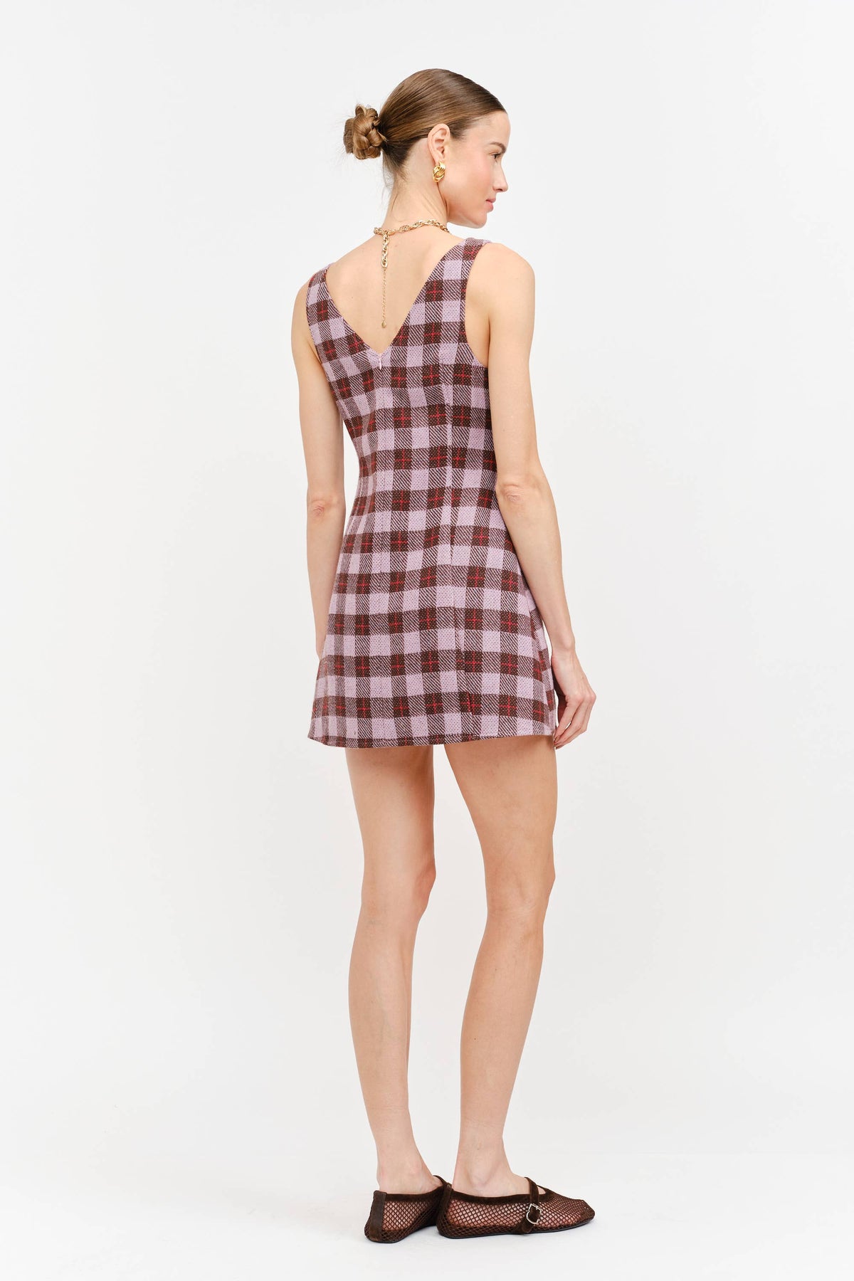Victoria Boat Neck Mini Dress in Mauve Plaid — view 6