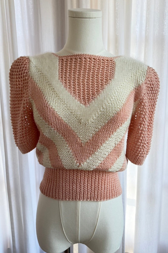 Vintage Pink and Cream Angora Knit Puff Sleeve Sweater
