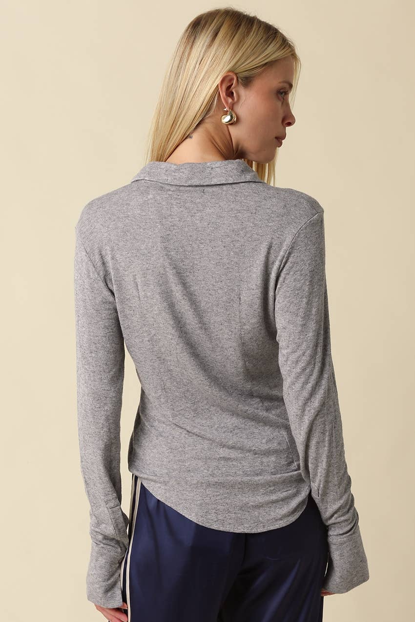 Elena Long Sleeve Henley Knit Top in Heather Grey — side