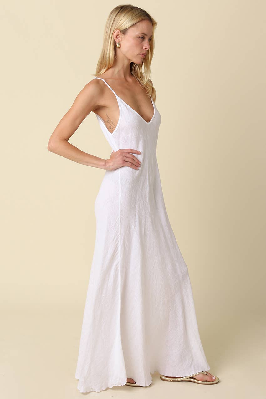 Adeline Flowy Linen Maxi Dress in White by Olivaceous, view 3