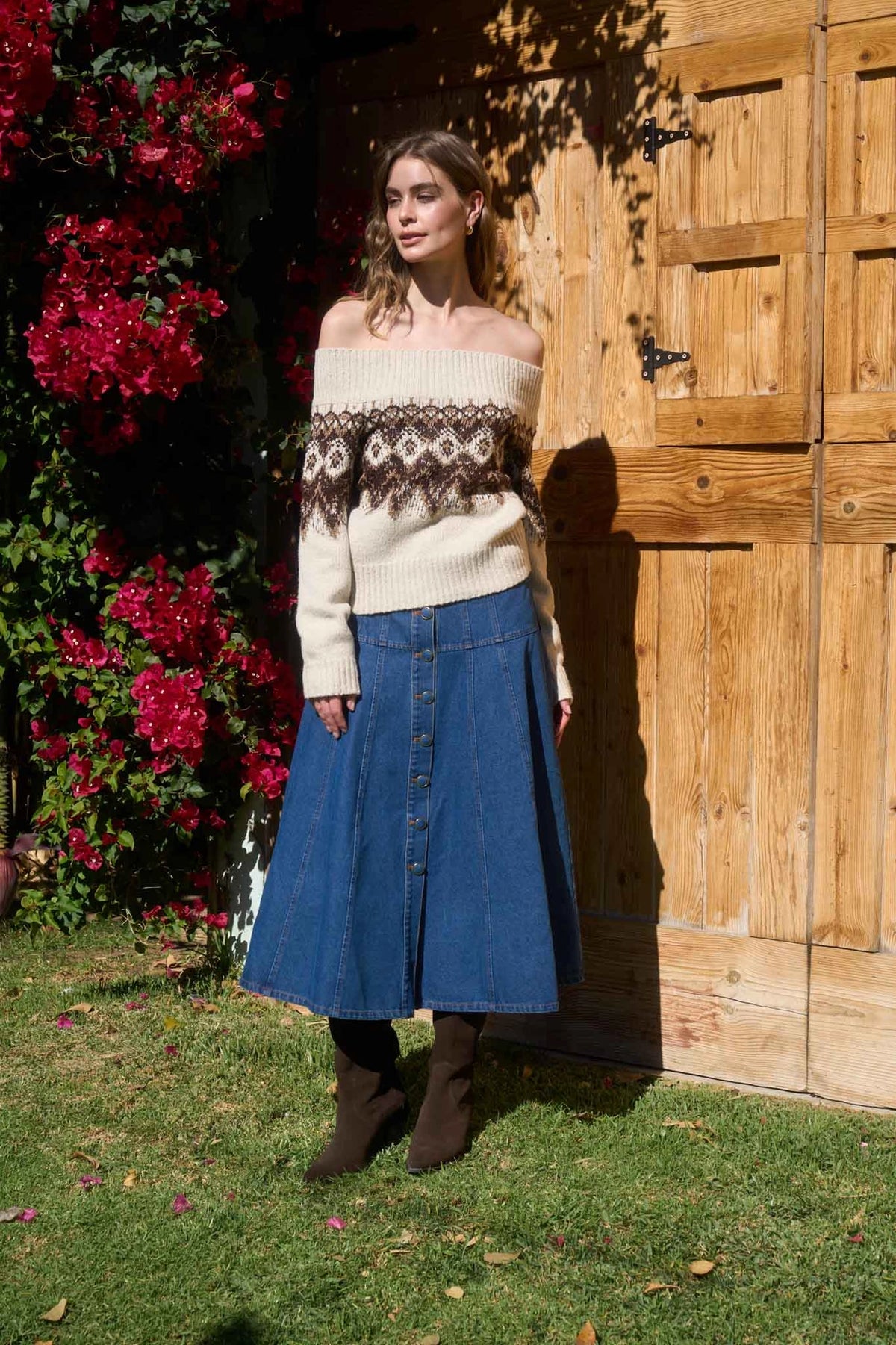 Button Down Panel Detail Denim Midi Skirt in Denim Blue — view 1
