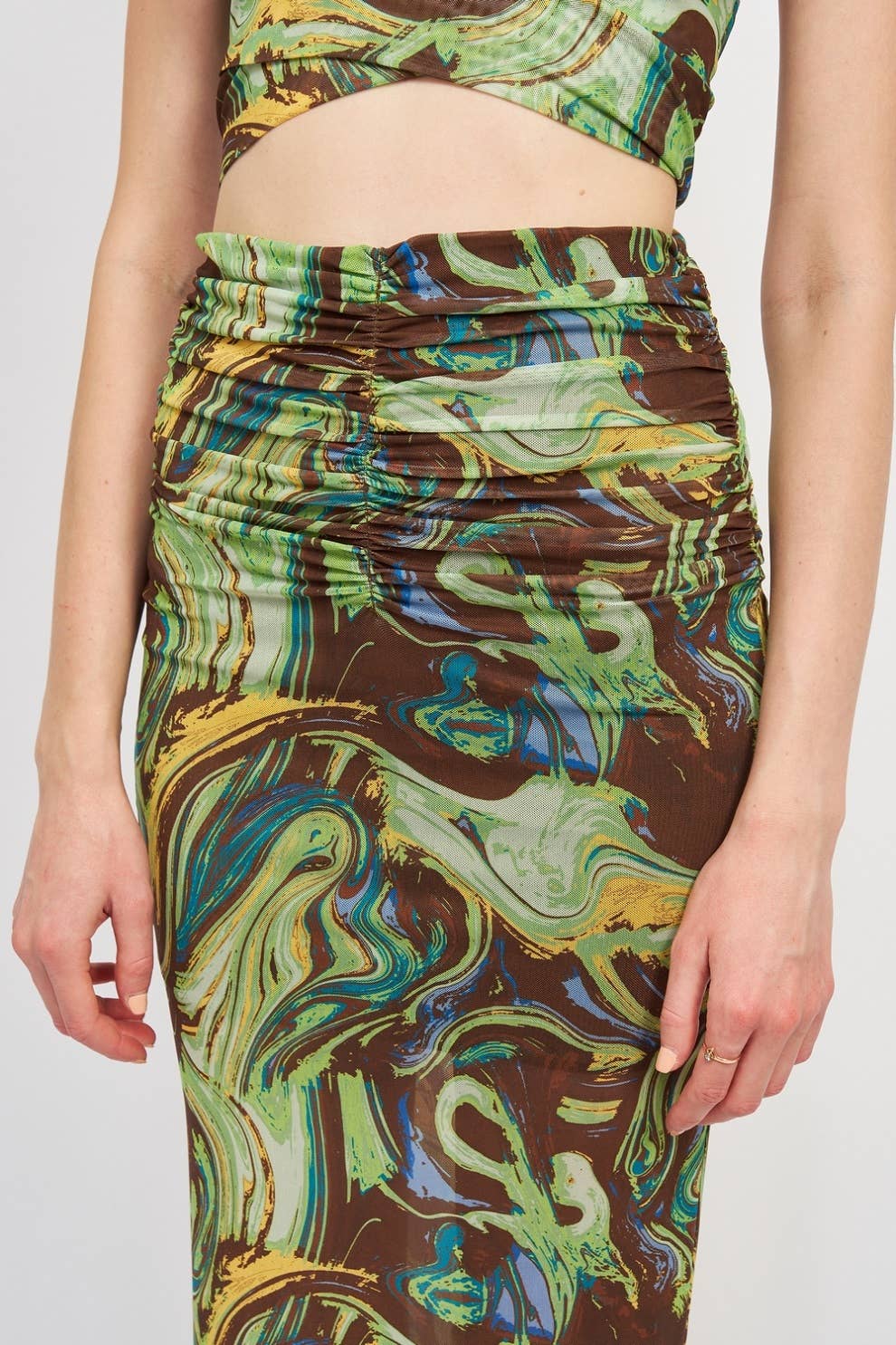 High Rise Ruched Skirt in Brown-Green Swirl — view 5