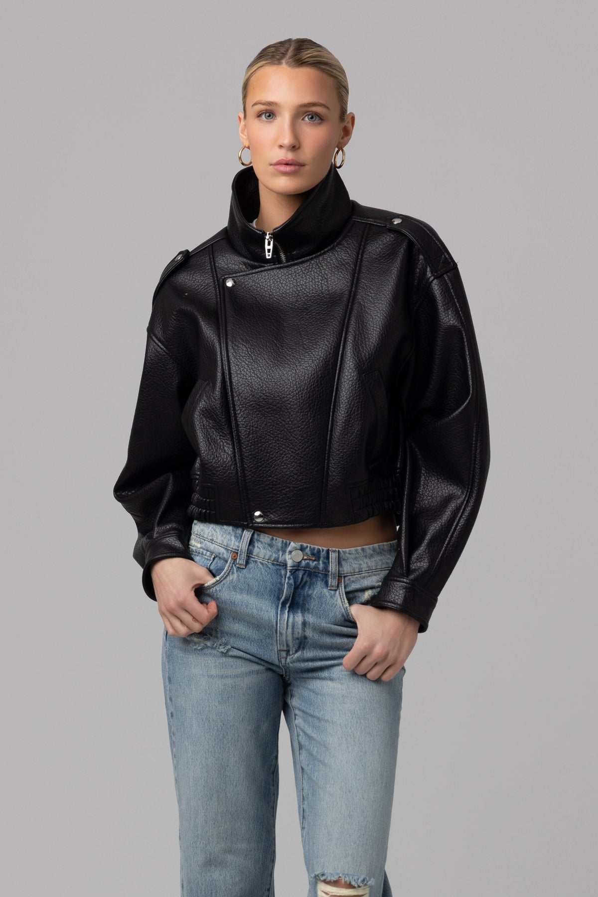 Night Moves Faux Leather Bomber Jacket in Black — view 1