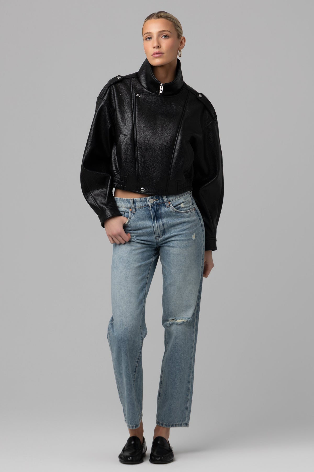 Night Moves Faux Leather Bomber Jacket in Black — view 2