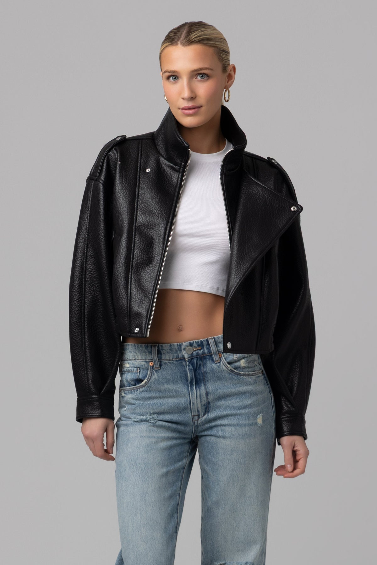 Night Moves Faux Leather Bomber Jacket in Black — view 3