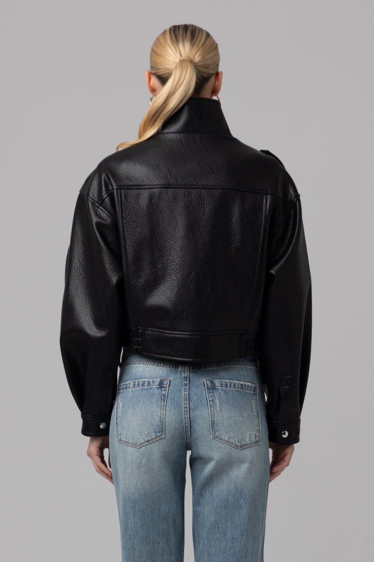 Night Moves Faux Leather Bomber Jacket in Black — view 5