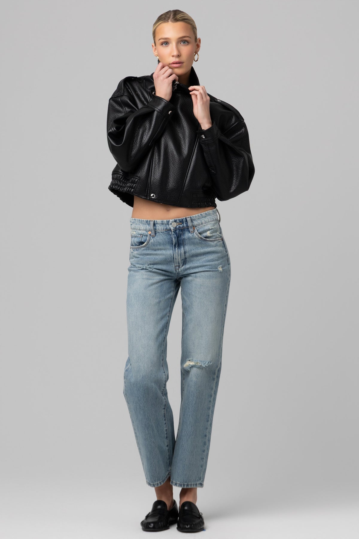 Night Moves Faux Leather Bomber Jacket in Black — view 6