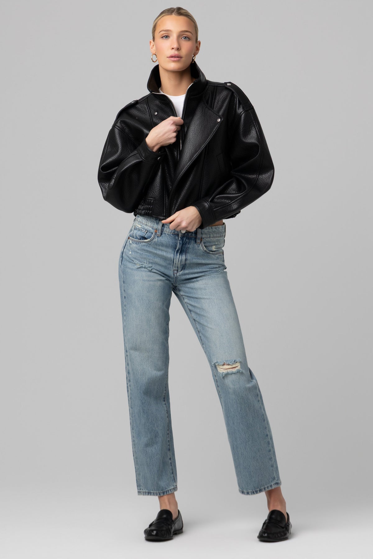 Night Moves Faux Leather Bomber Jacket in Black — view 7
