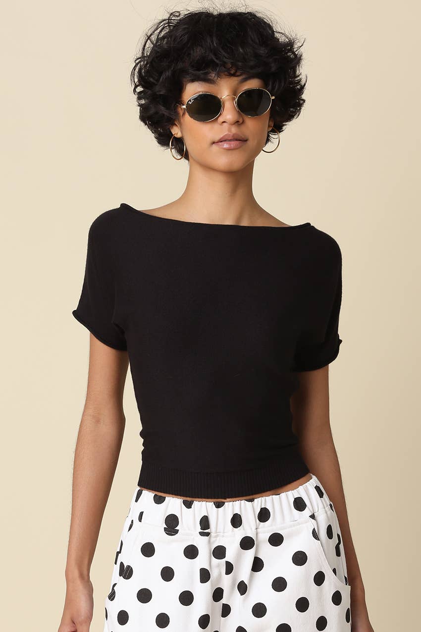 Angela Boat Neck Cinched Tee in Black