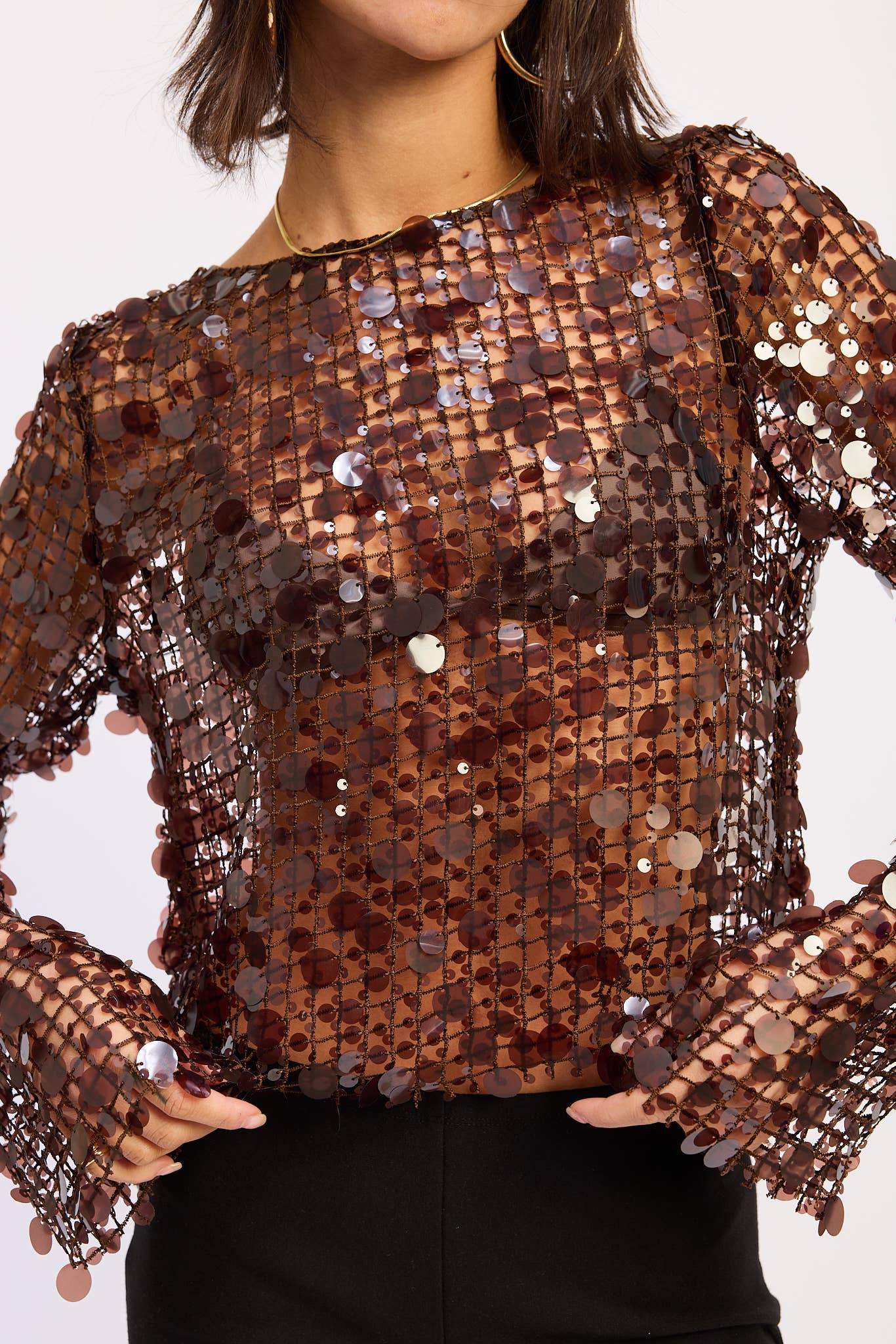 Long Sleeve Sequin Mesh Top in Brown