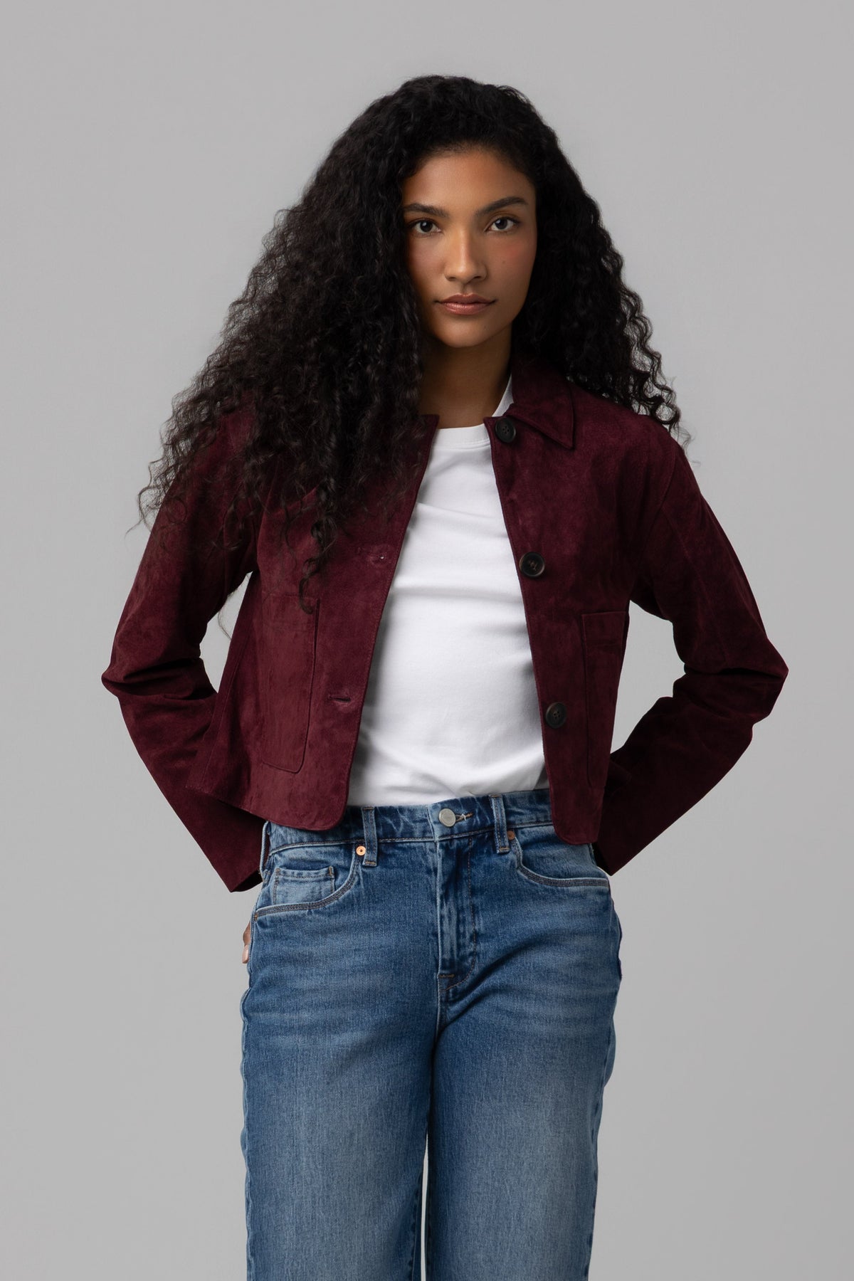 Real Suede Cropped Blazer in Wine O'Clock — view 1