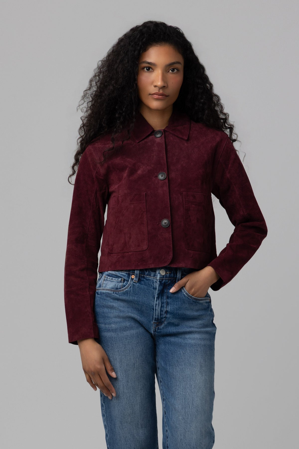 Real Suede Cropped Blazer in Wine O'Clock — view 2