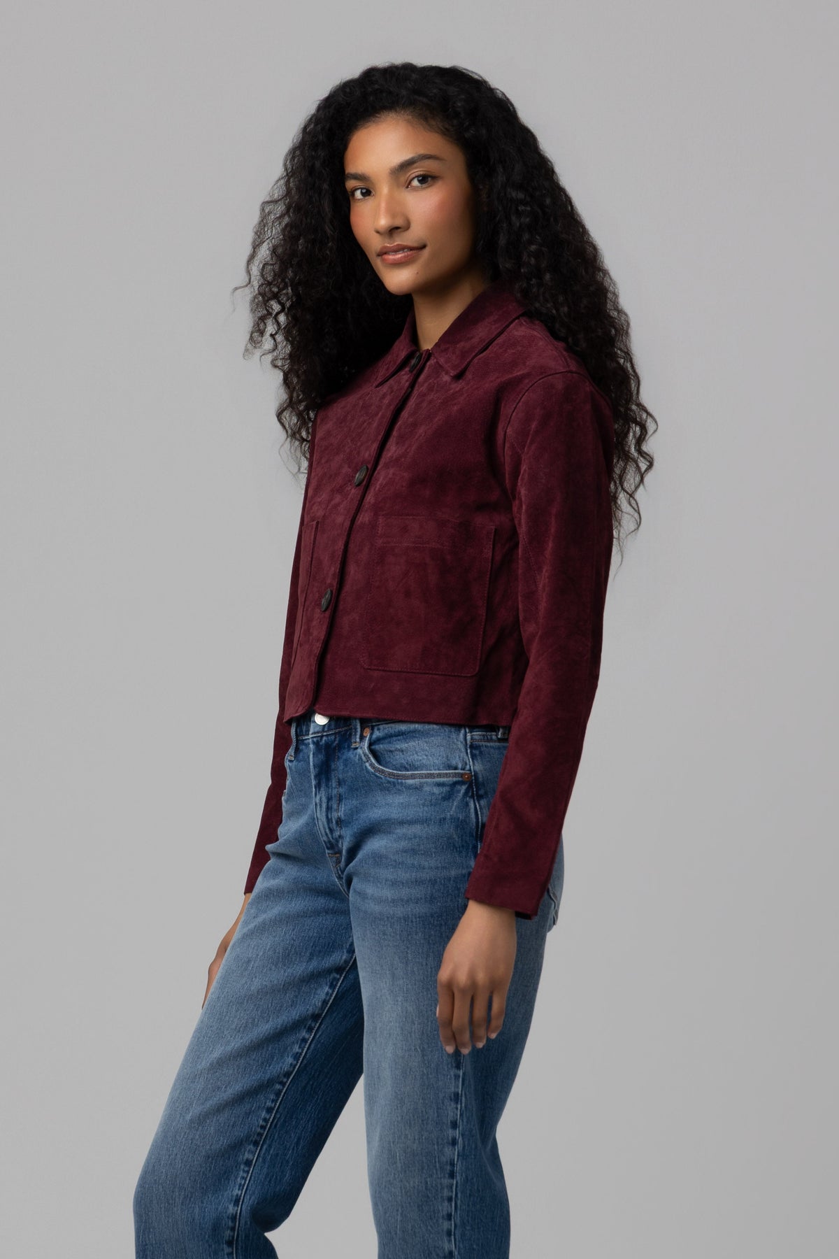 Real Suede Cropped Blazer in Wine O'Clock — view 3