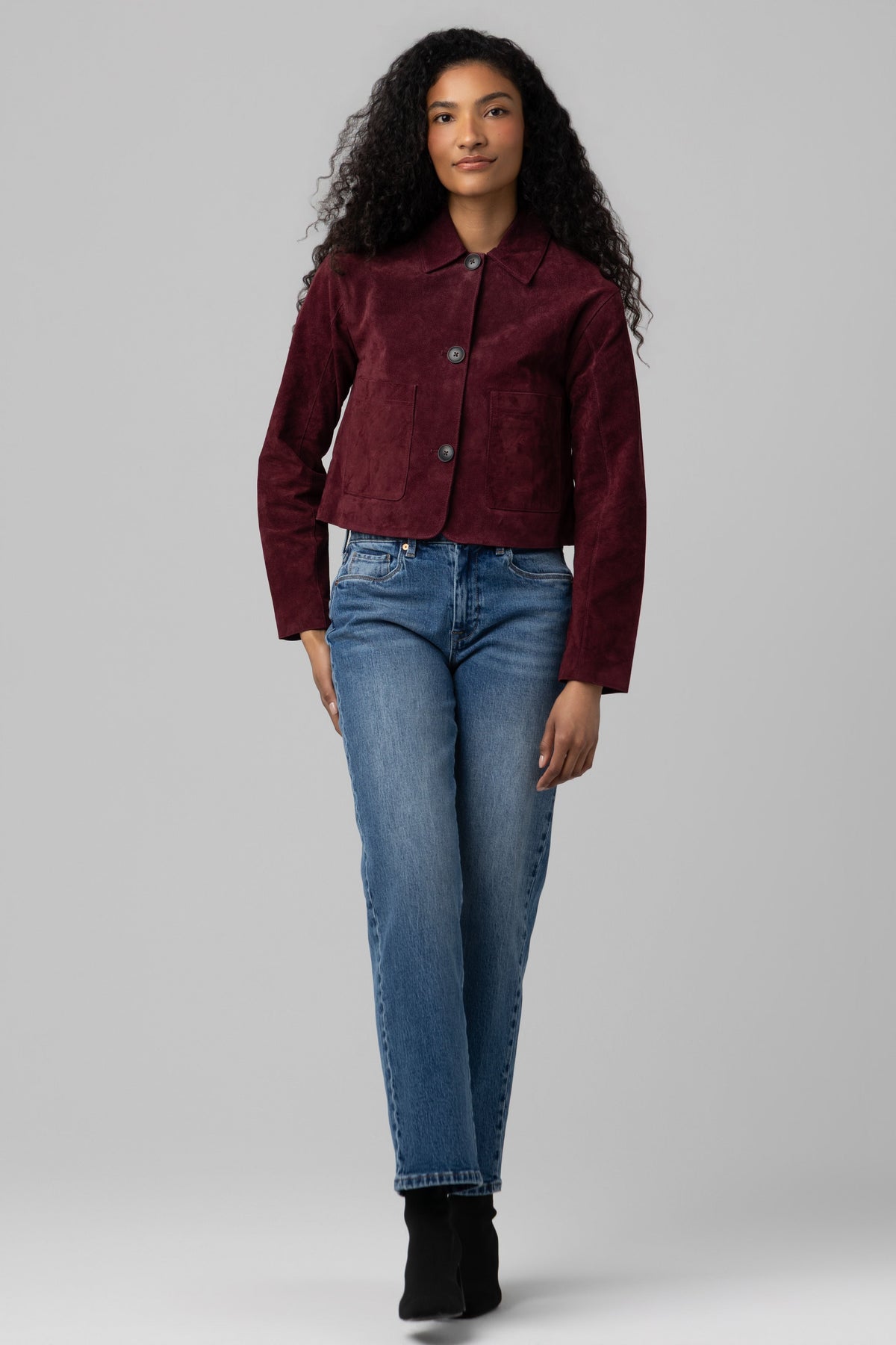 Real Suede Cropped Blazer in Wine O'Clock — view 7