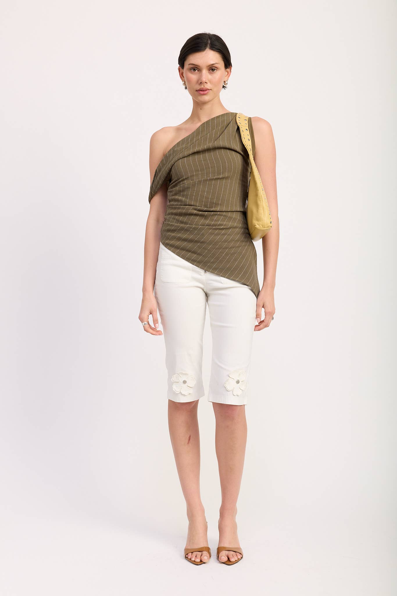 Asymmetrical Striped One Shoulder Top in Olive — view 5