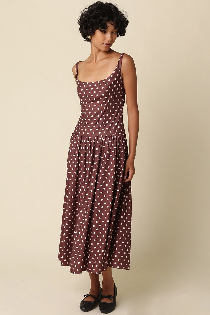 Katy Polka Dot Midi Dress in Brown — front view
