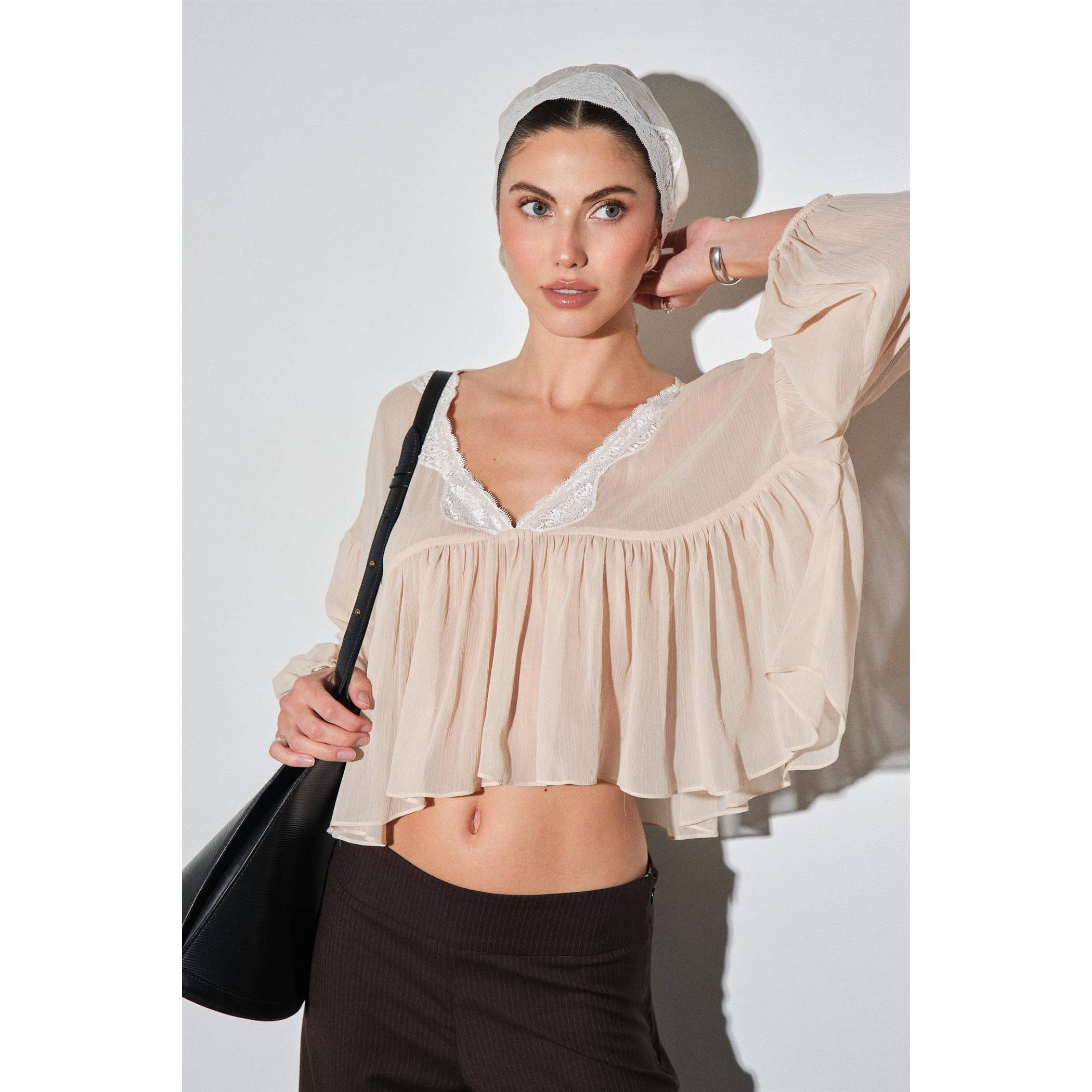 Rosalie Sheer Chiffon Lace Trim Babydoll Blouse with Scarf in Tan