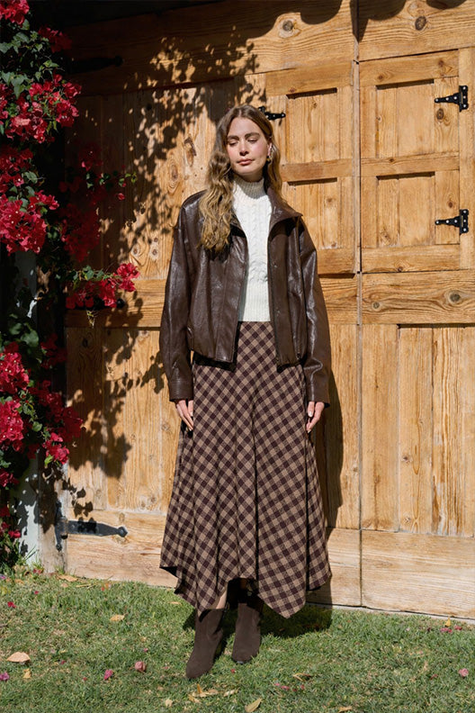 Handkerchief Hem Plaid Midi Skirt in Brown Multi — view 1