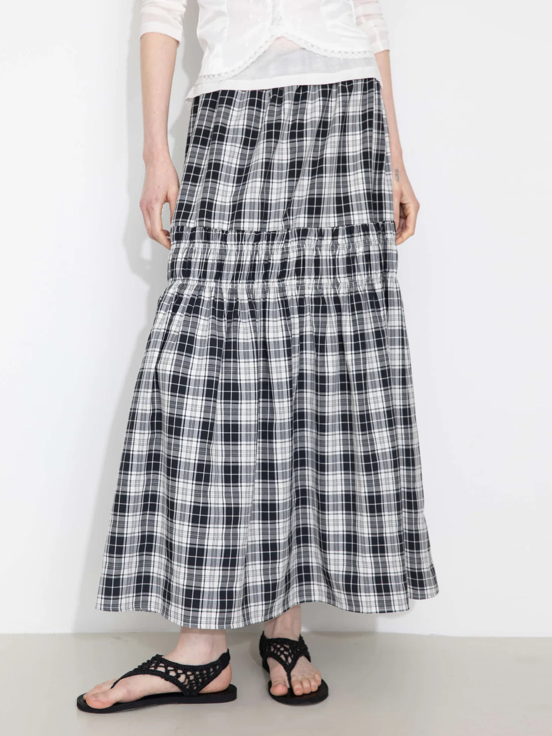 Elastic Drawstring High Waist Checked Skirt — view 3