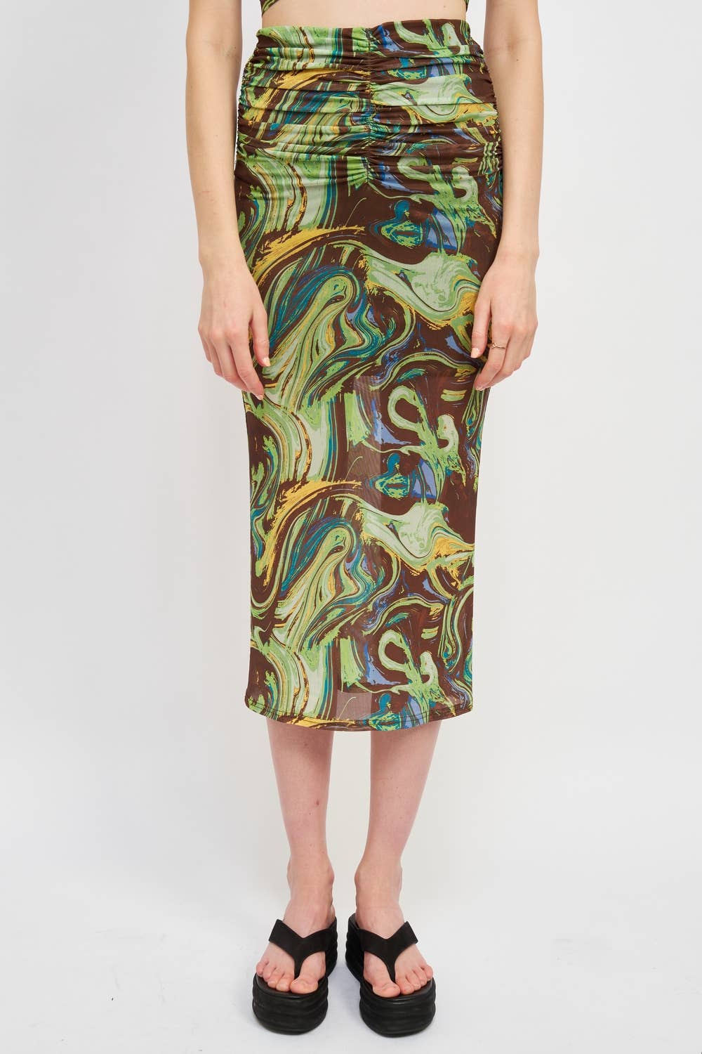 High Rise Ruched Skirt in Brown-Green Swirl