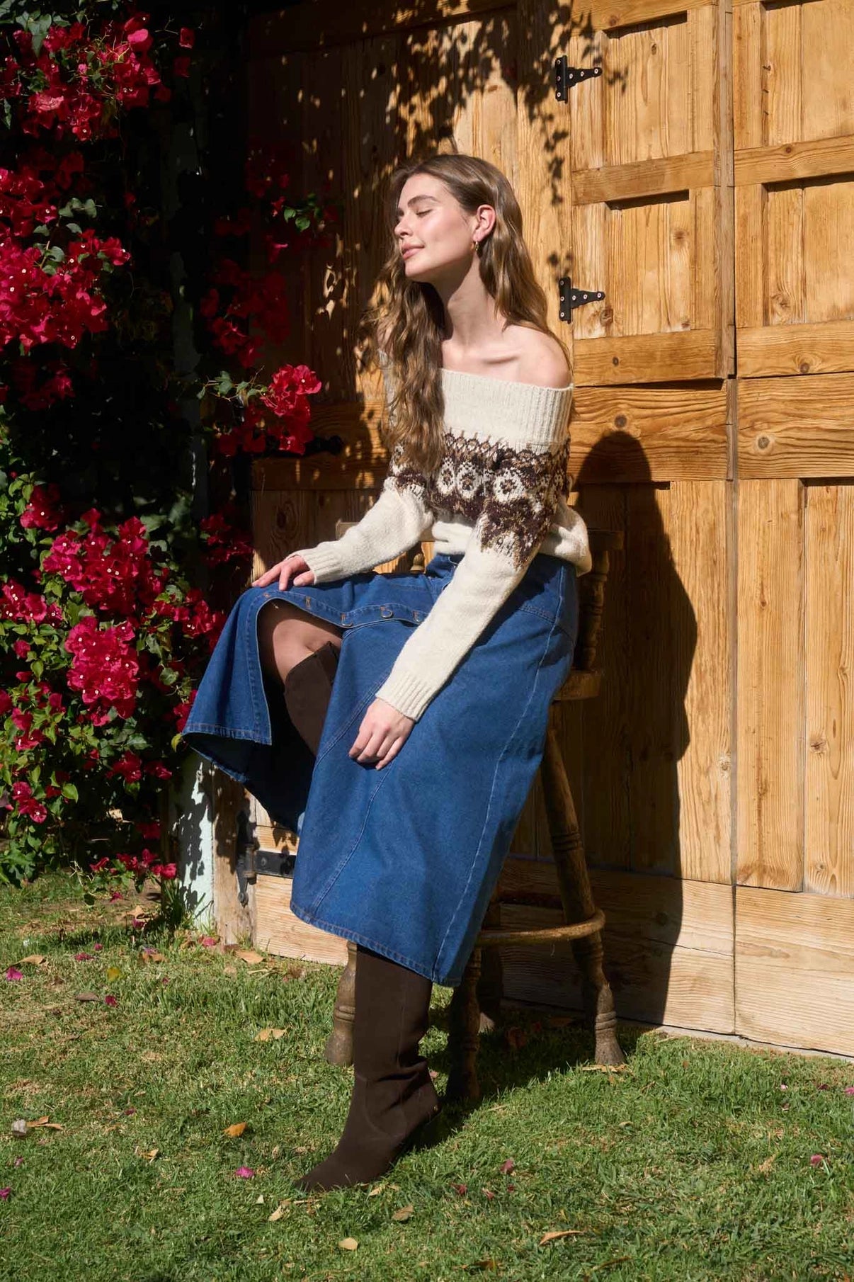 Button Down Panel Detail Denim Midi Skirt in Denim Blue — view 4