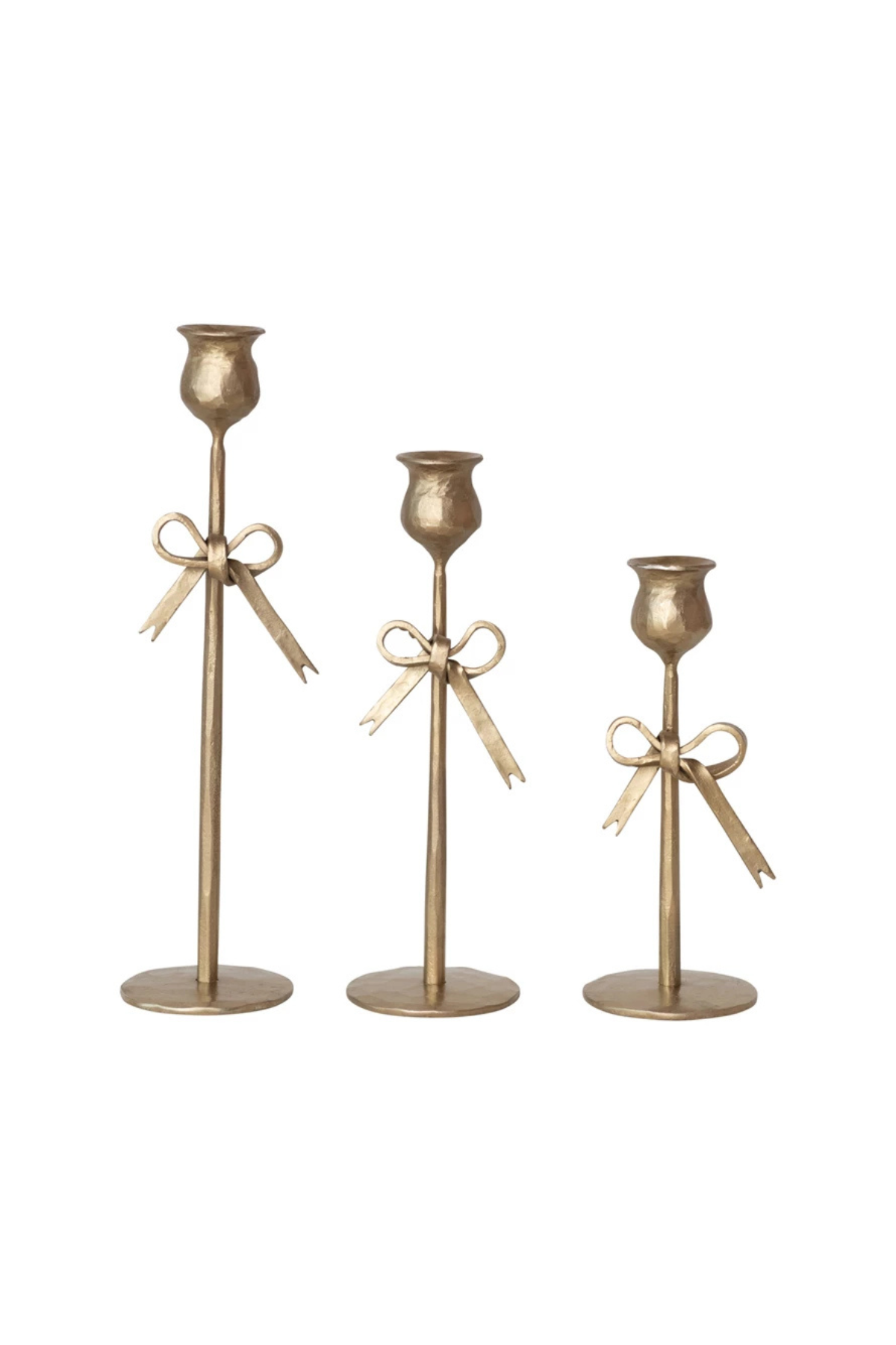Hand-Forged Iron Taper Holders with Bow in Antique Gold — front view