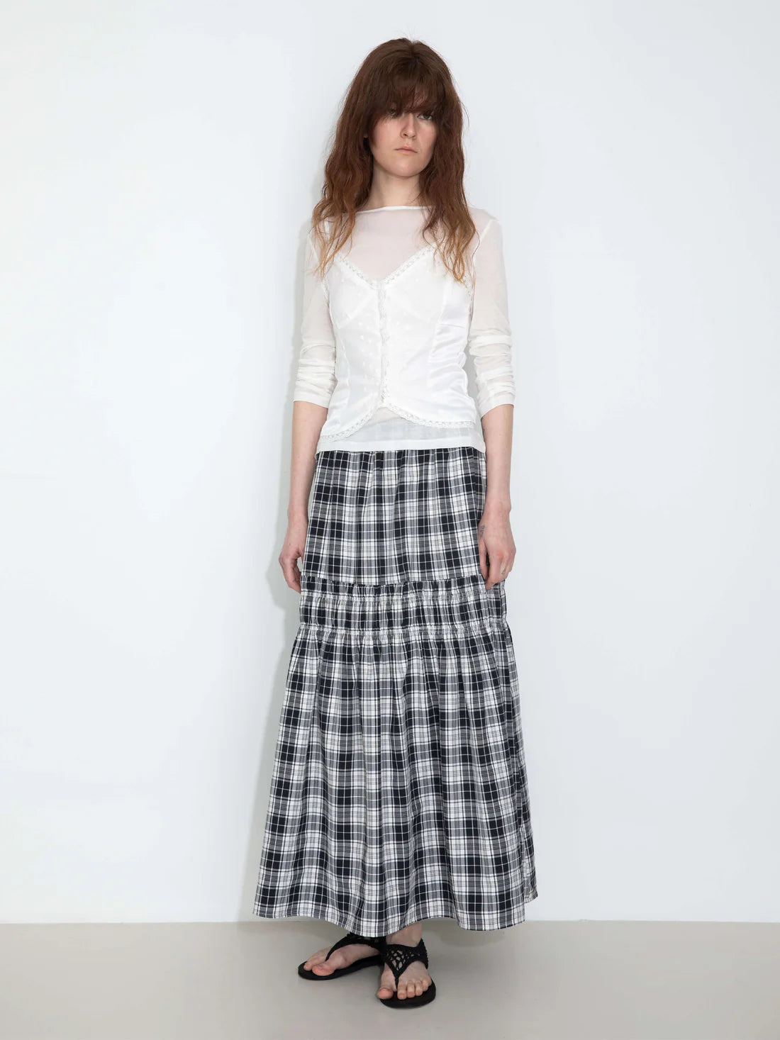 Elastic Drawstring High Waist Checked Skirt