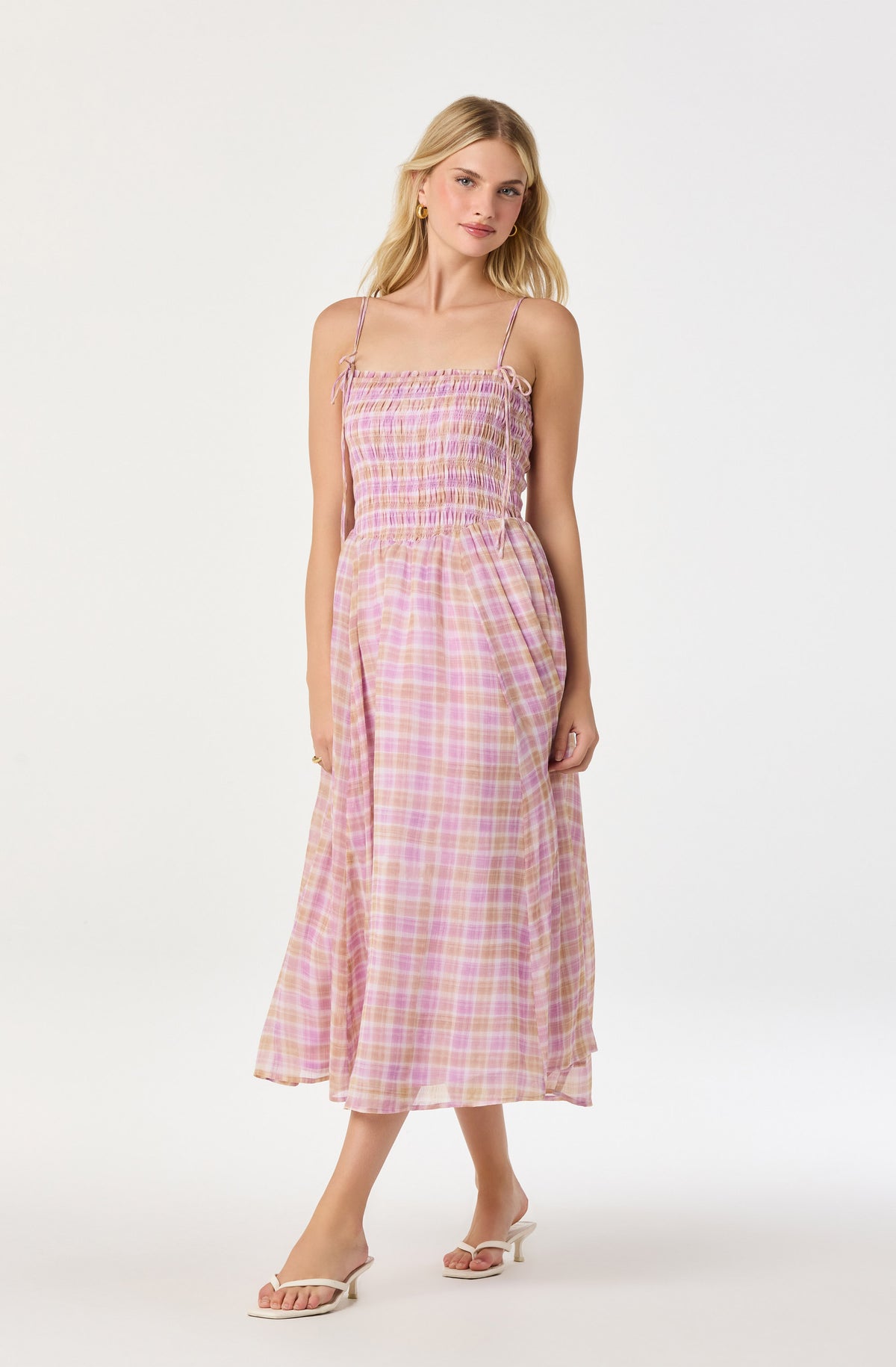 Lahela Plaid Smocked Midi Dress in Pink Plaid