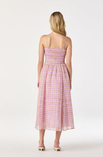 Lahela Plaid Smocked Midi Dress in Pink Plaid — view 4