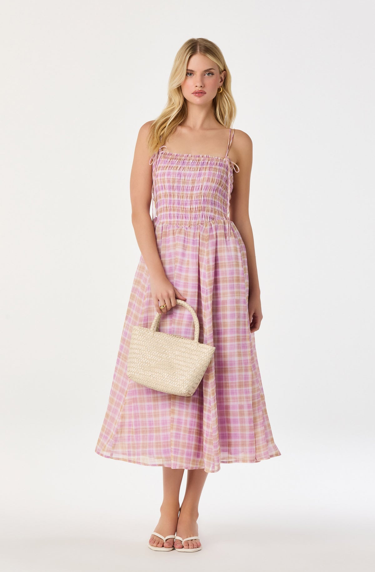 Lahela Plaid Smocked Midi Dress in Pink Plaid