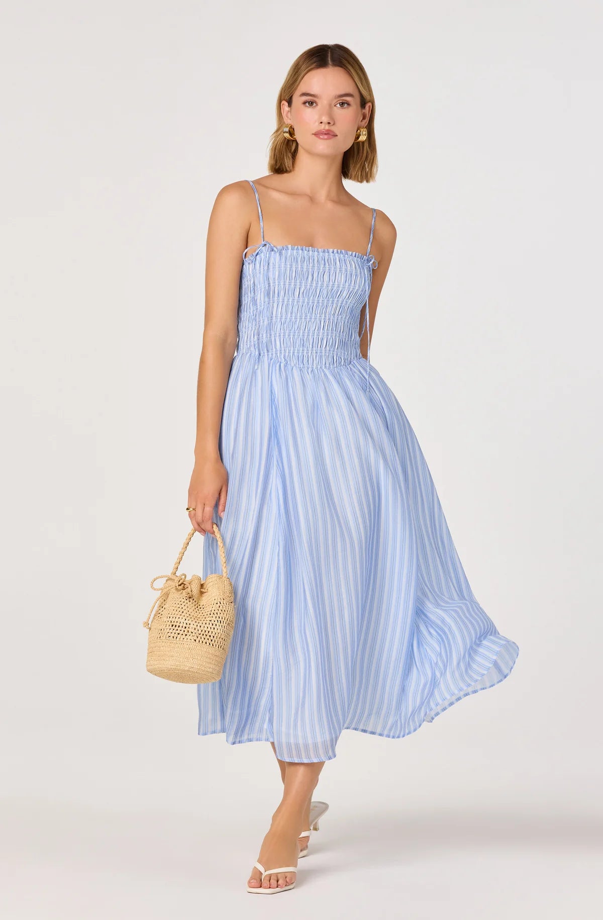 Lahela Smocked Midi Dress in Blue Stripe