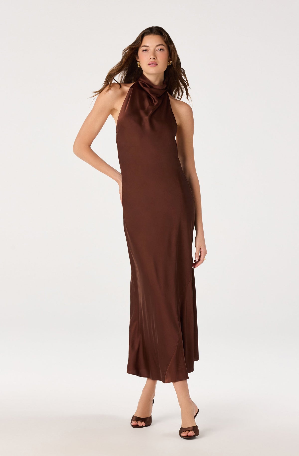 Cowl Neck Halter Maxi Dress in Brown — view 1