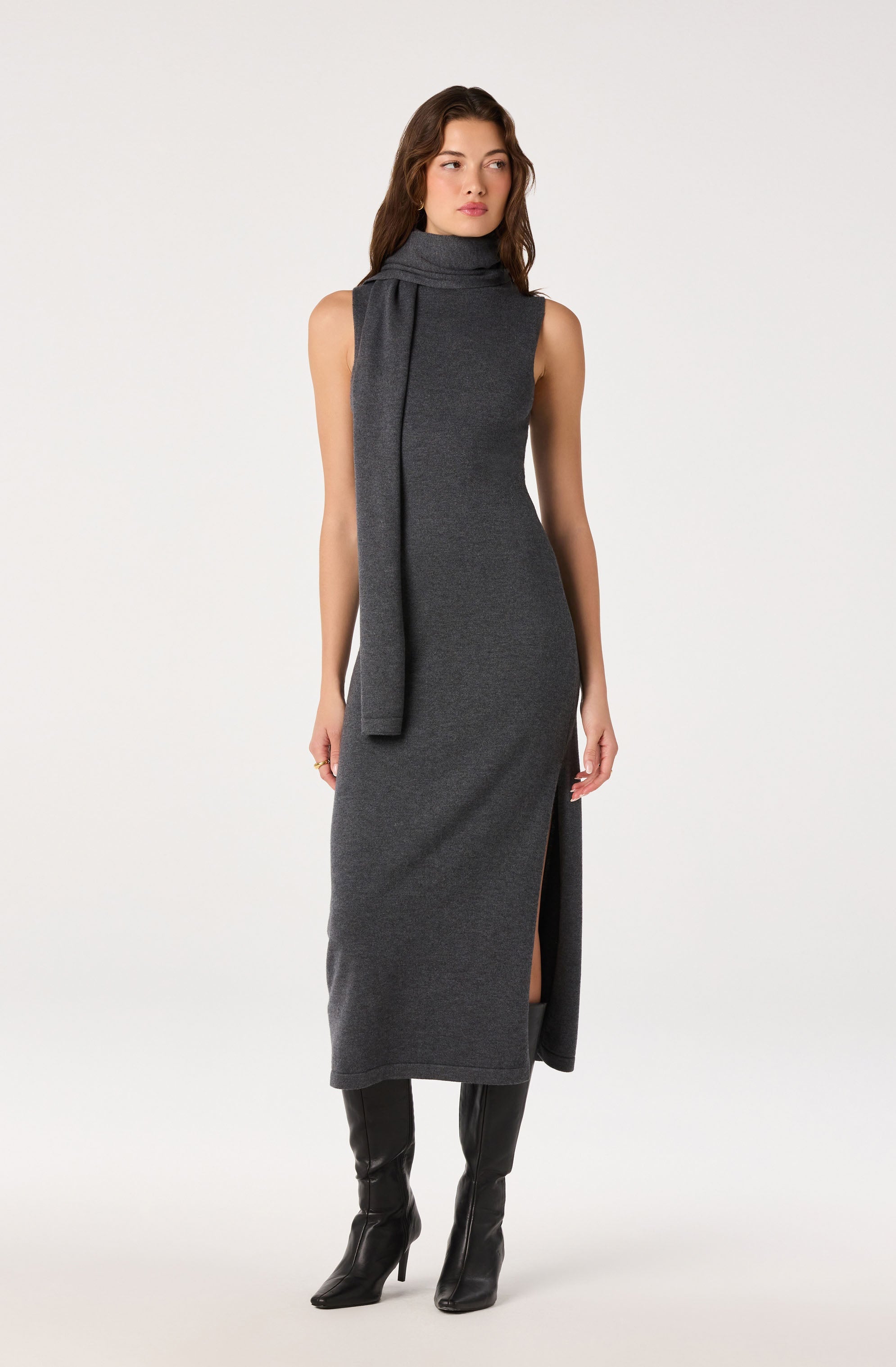 Shyanne Turtleneck Scarf Sweater Dress in Charcoal — view 5