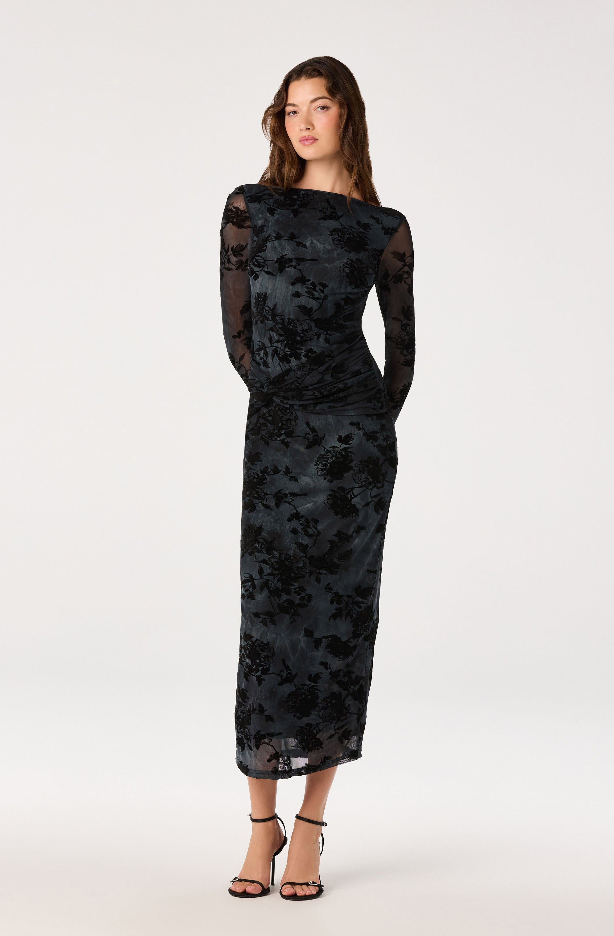 Syriah Burnout Mesh Dress in Black Blue Floral — view 1