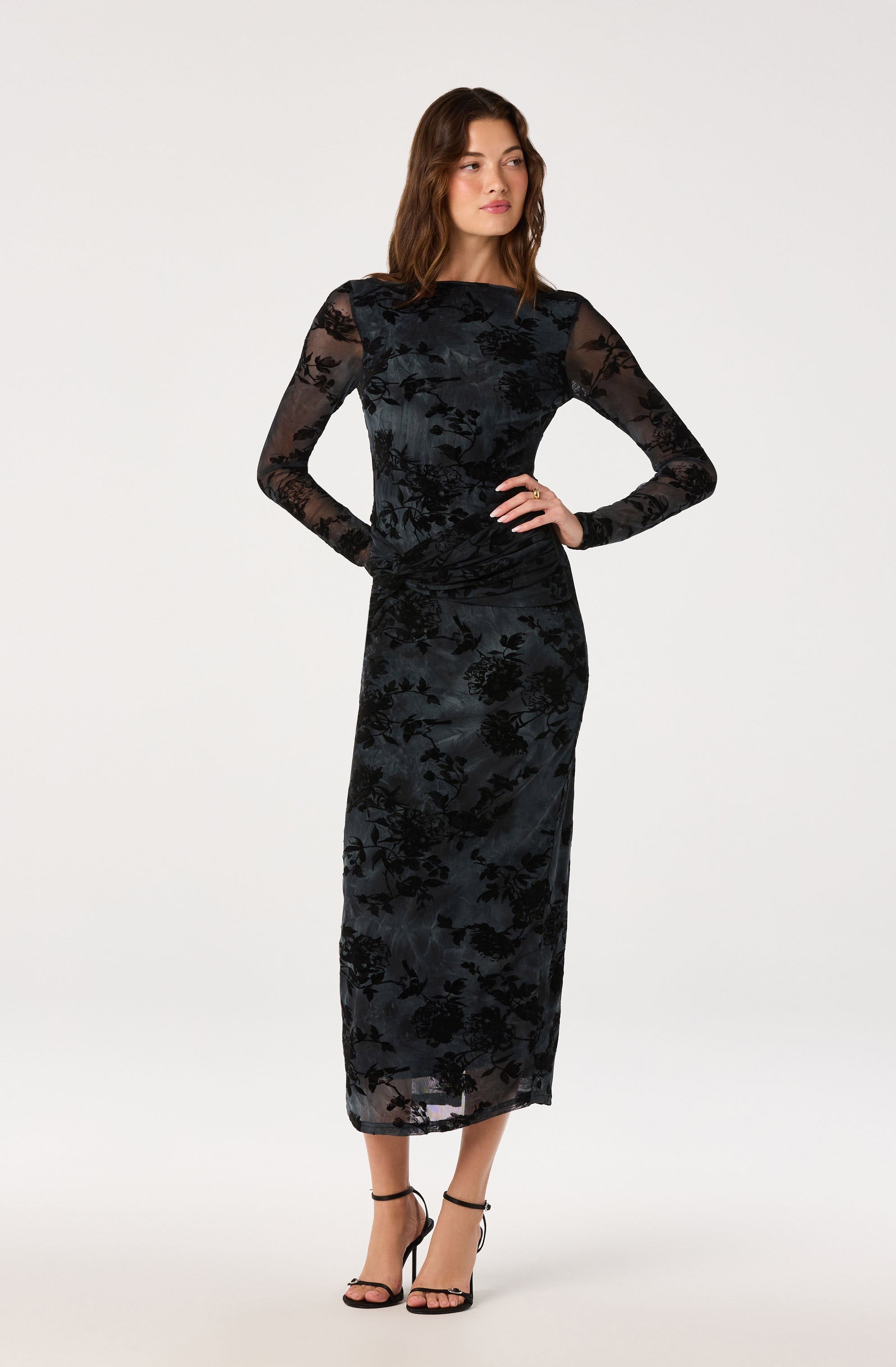 Syriah Burnout Mesh Dress in Black Blue Floral — view 2