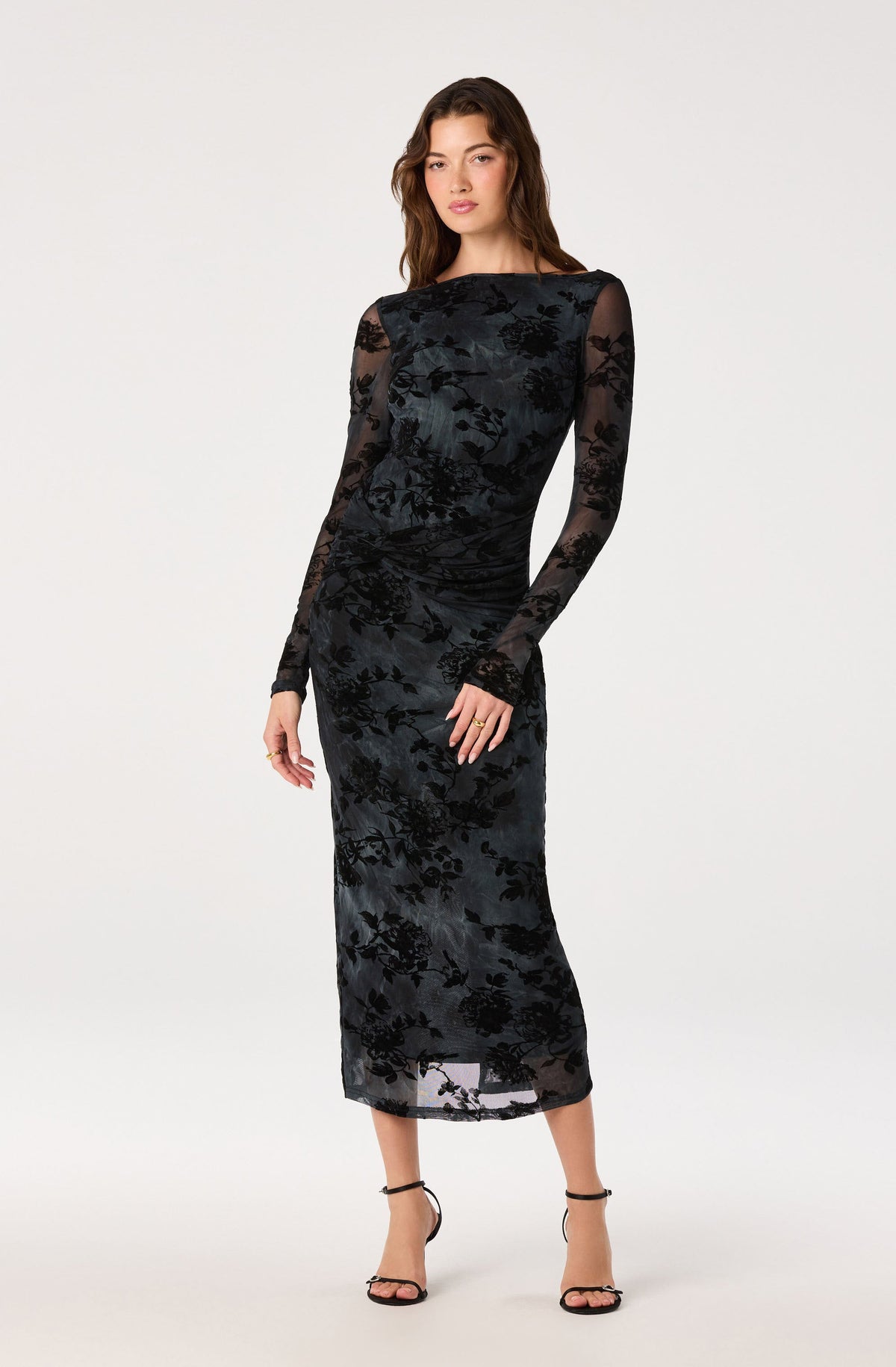 Syriah Burnout Mesh Dress in Black Blue Floral — view 4