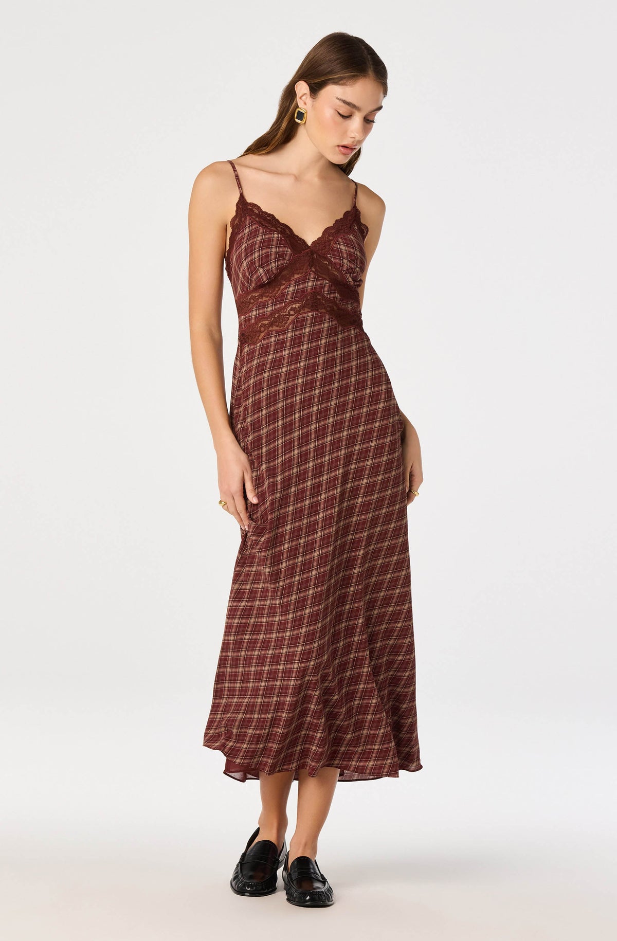 Wine plaid slip maxi dress with lace trim by ASTR the Label