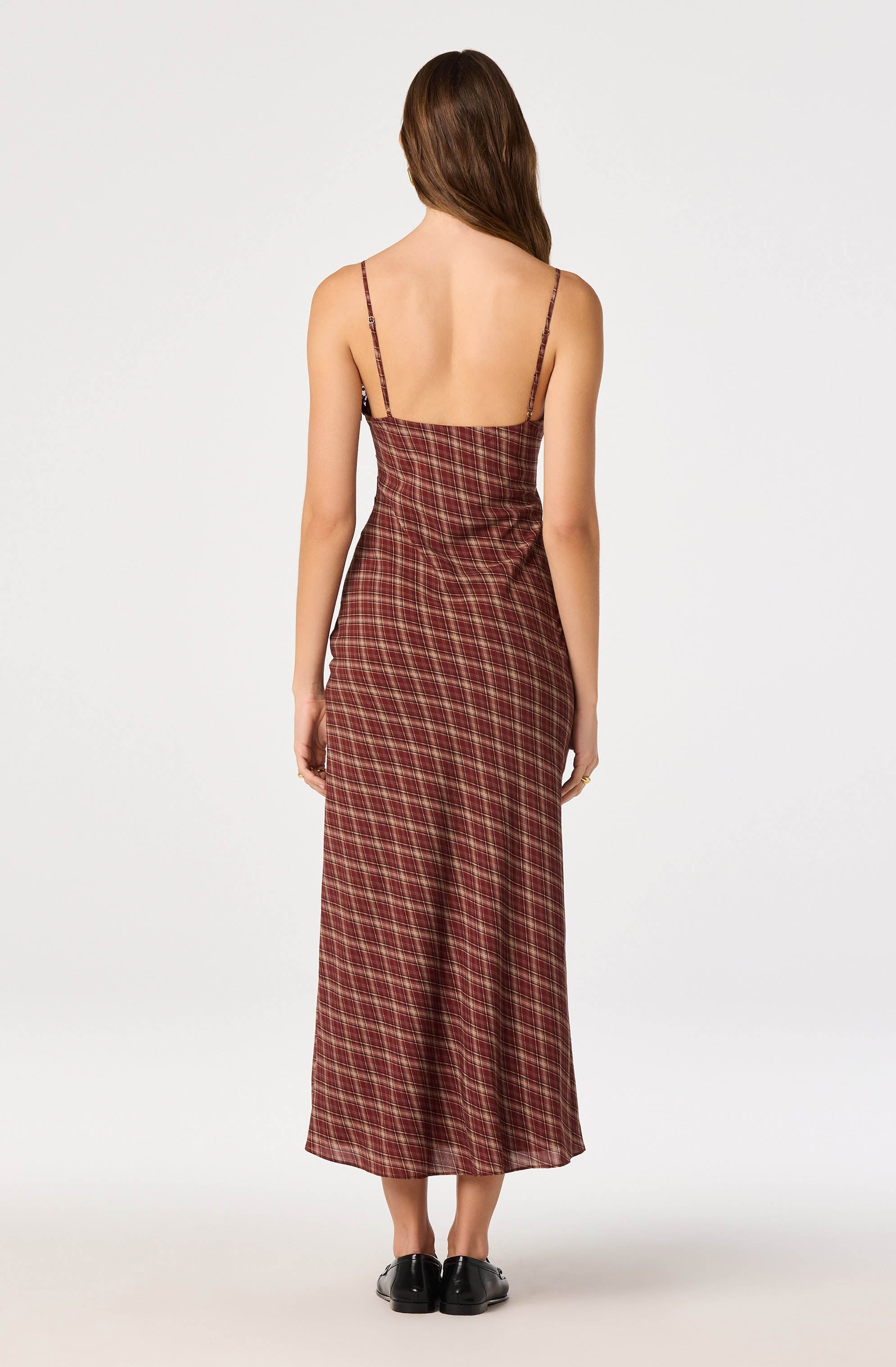 Wine plaid slip maxi dress with lace trim by ASTR the Label