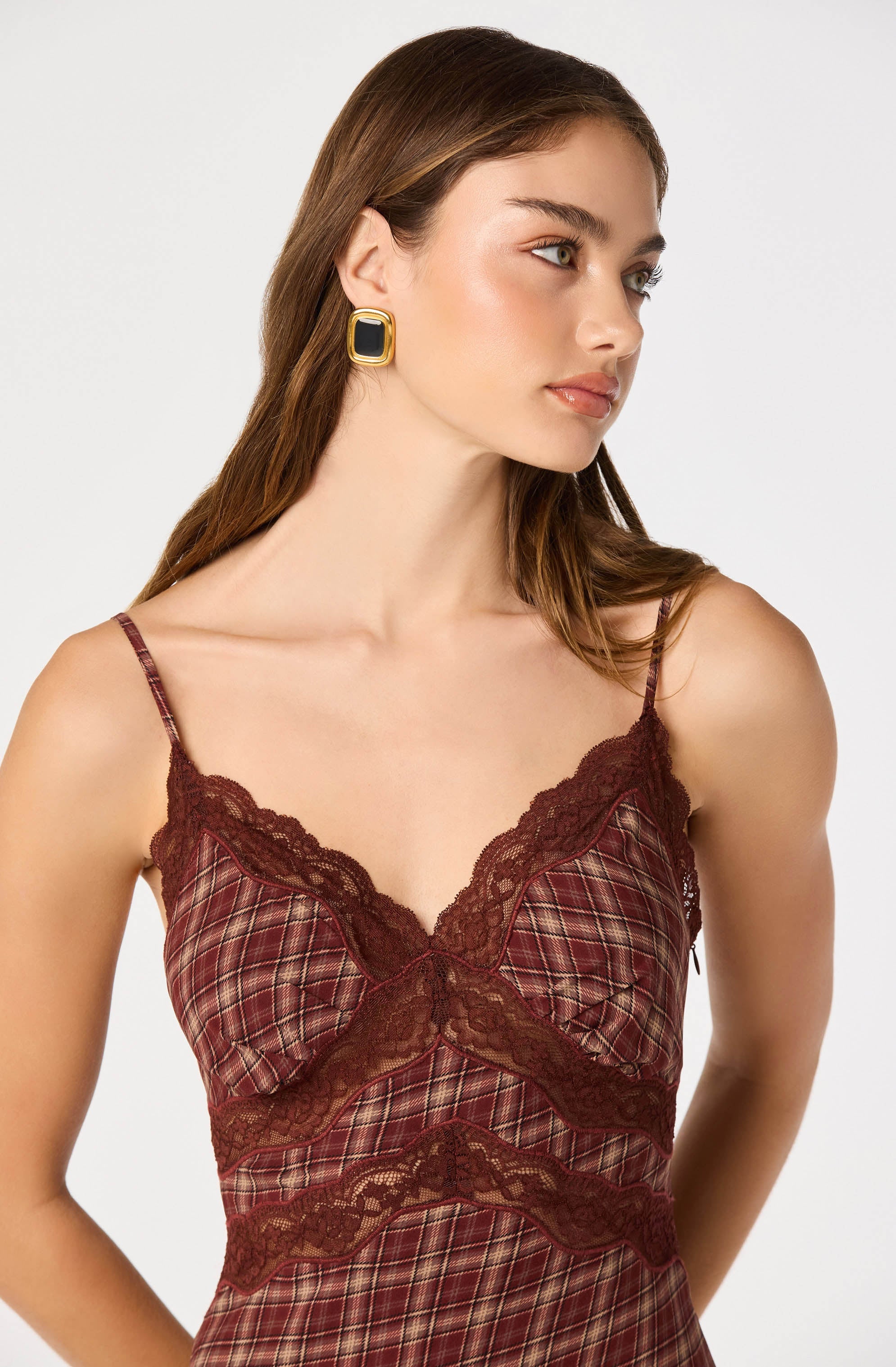 Wine plaid slip maxi dress with lace trim by ASTR the Label