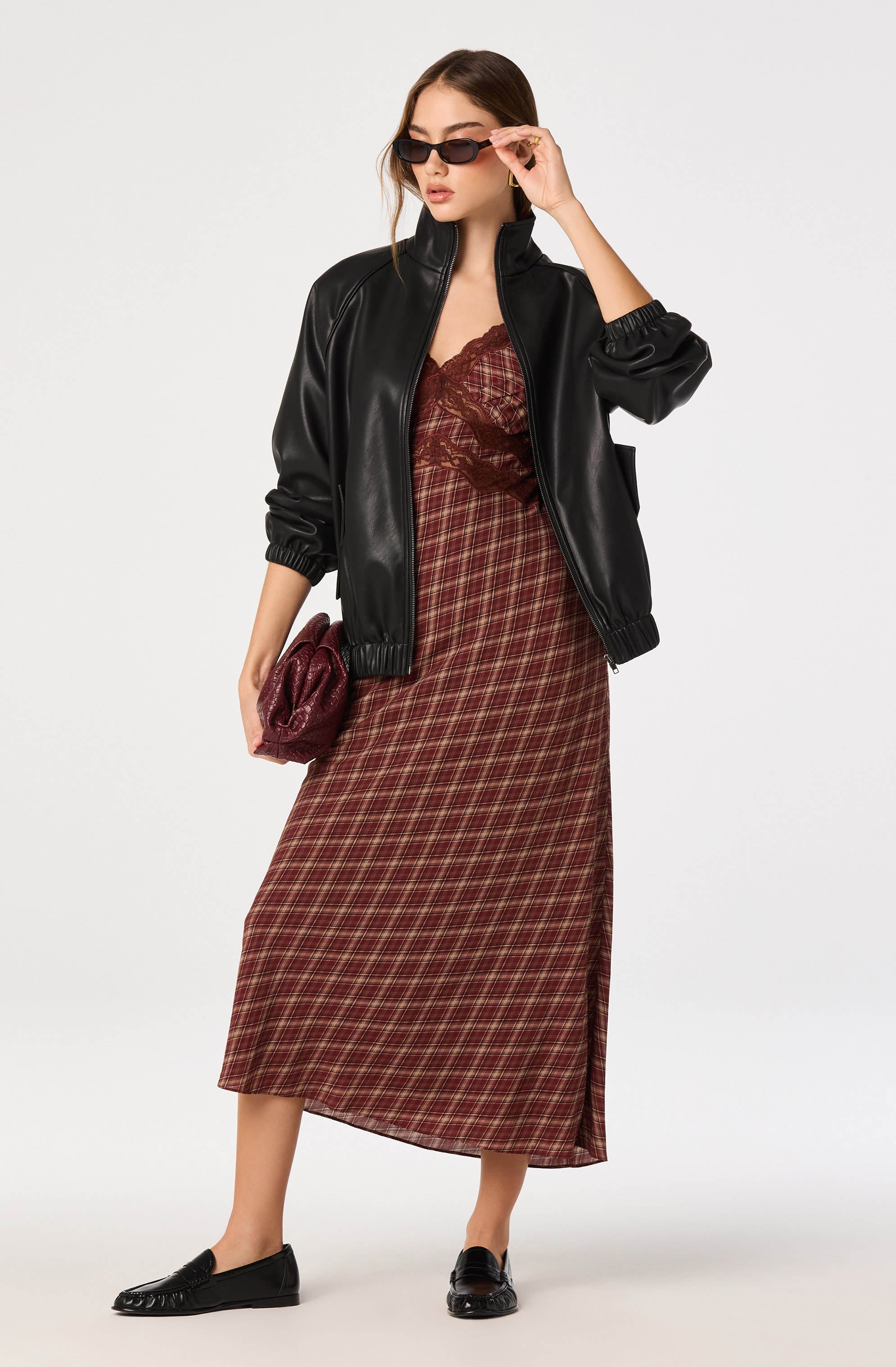 Wine plaid slip maxi dress with lace trim by ASTR the Label