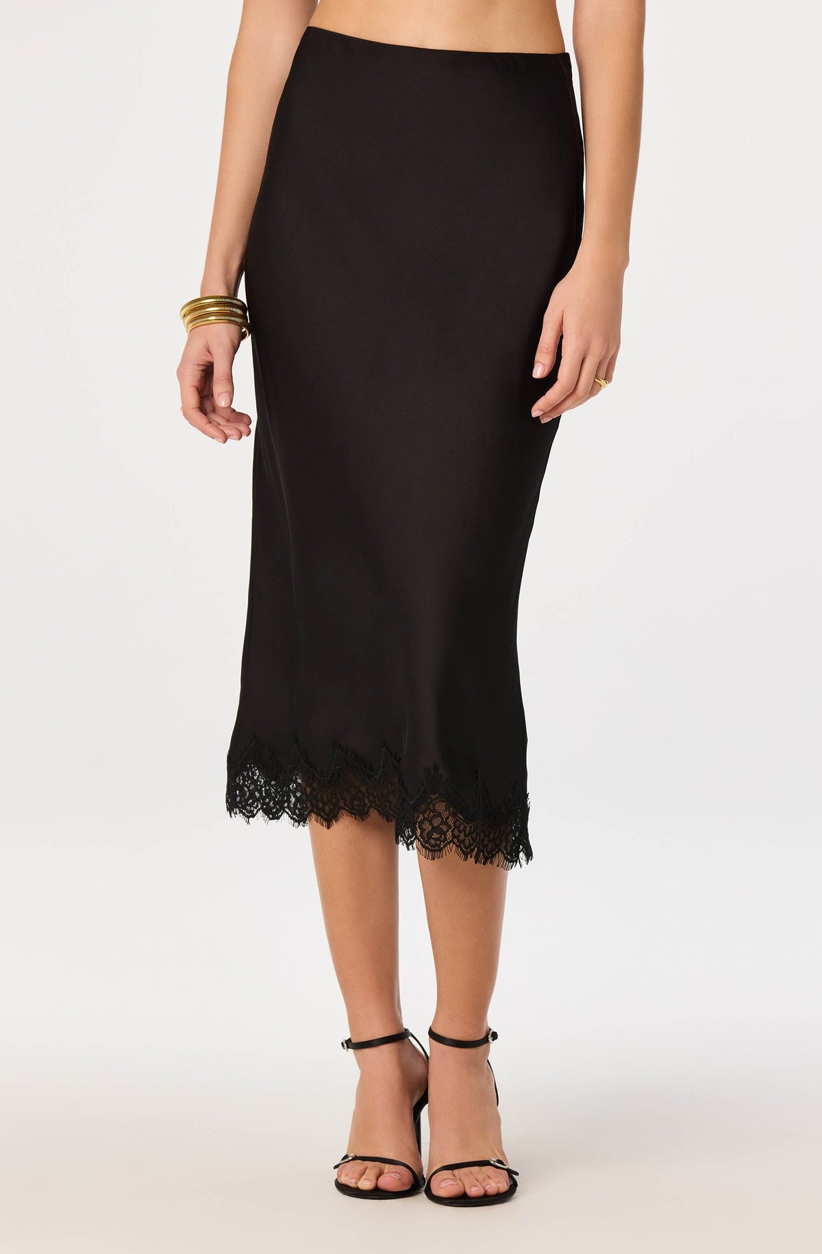 Lace Hem Midi Skirt in Black — view 3