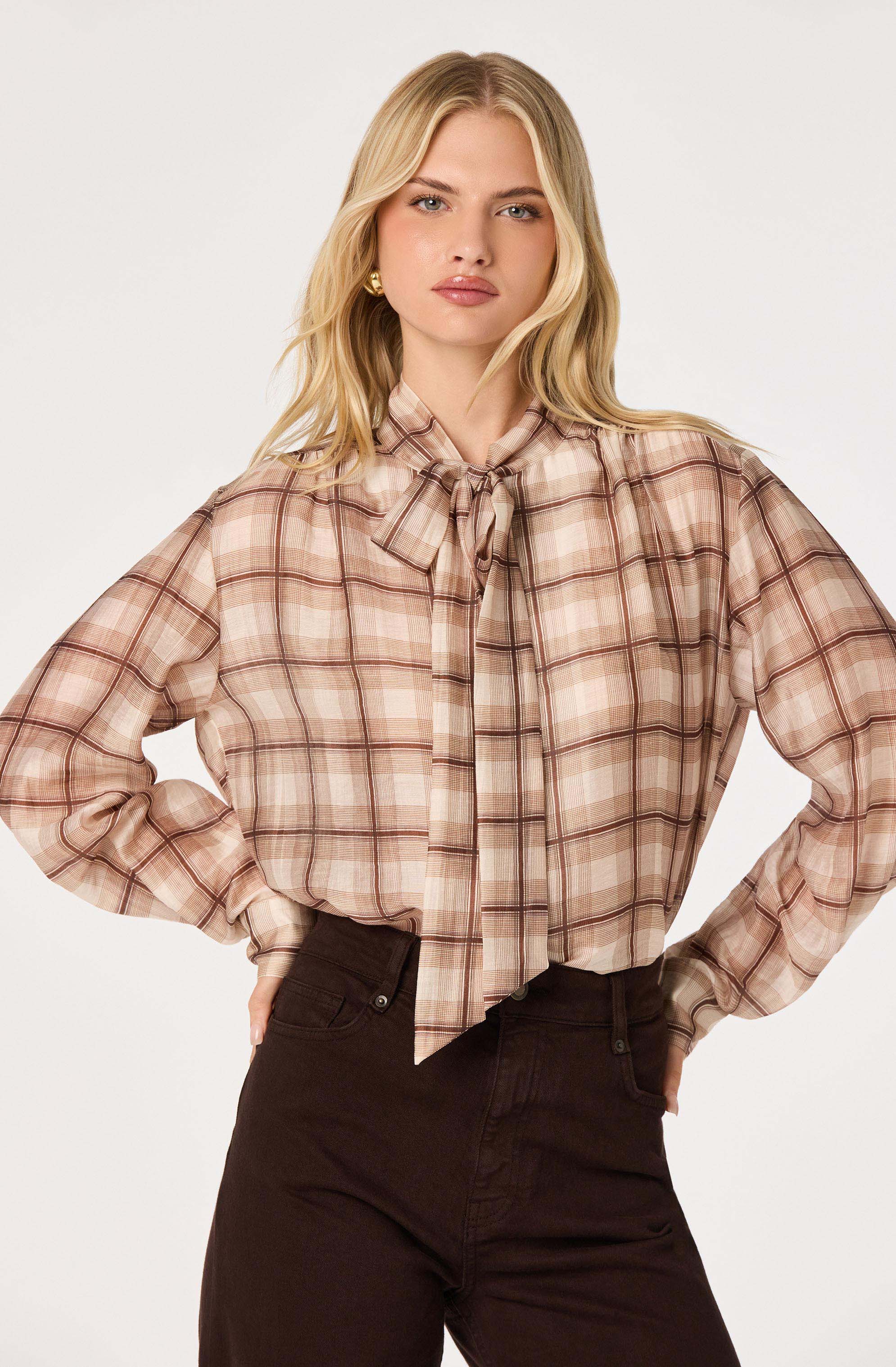 Brown plaid long sleeve button-up blouse by ASTR the Label