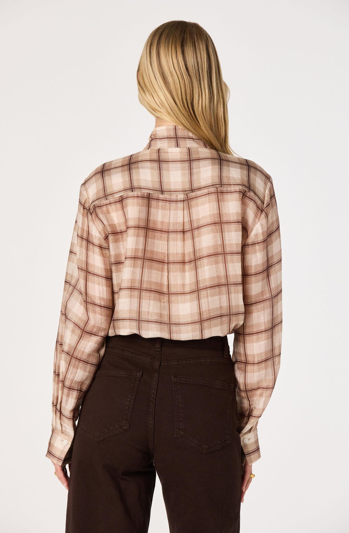 Brown plaid long sleeve button-up blouse by ASTR the Label