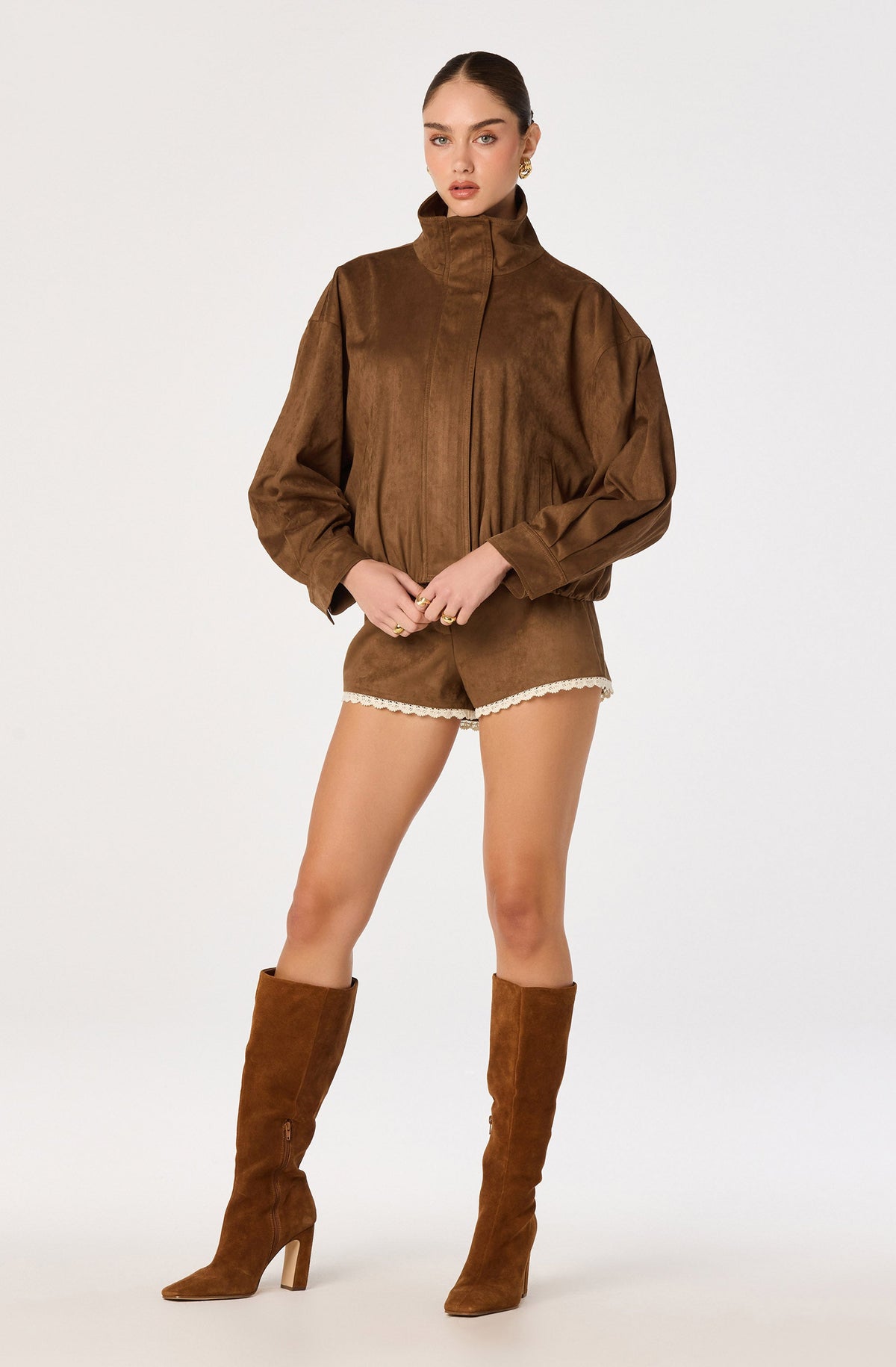 Cooper Faux Suede Bomber Jacket in Chestnut — view 4