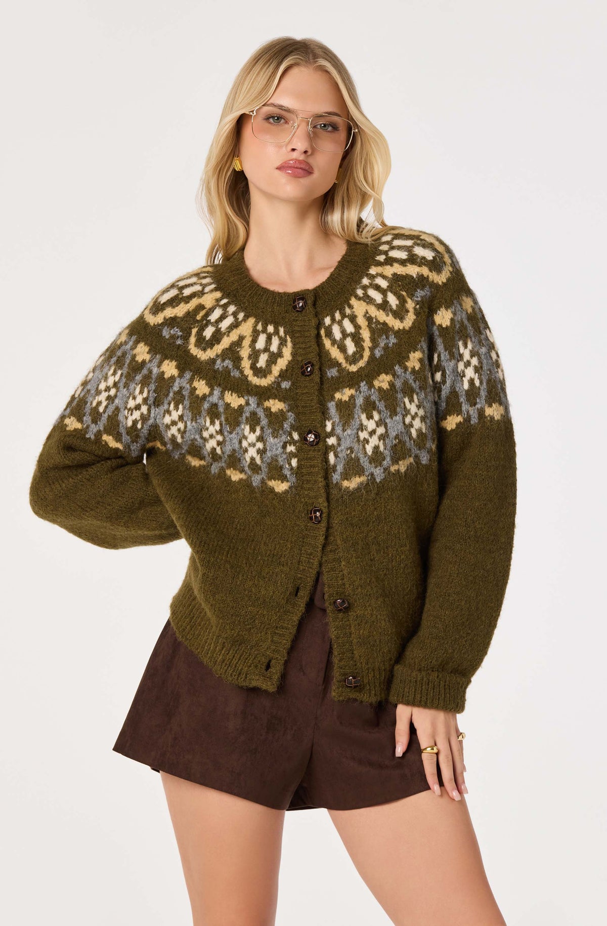 Irene Fair Isle Oversized Cardigan in Olive — view 3