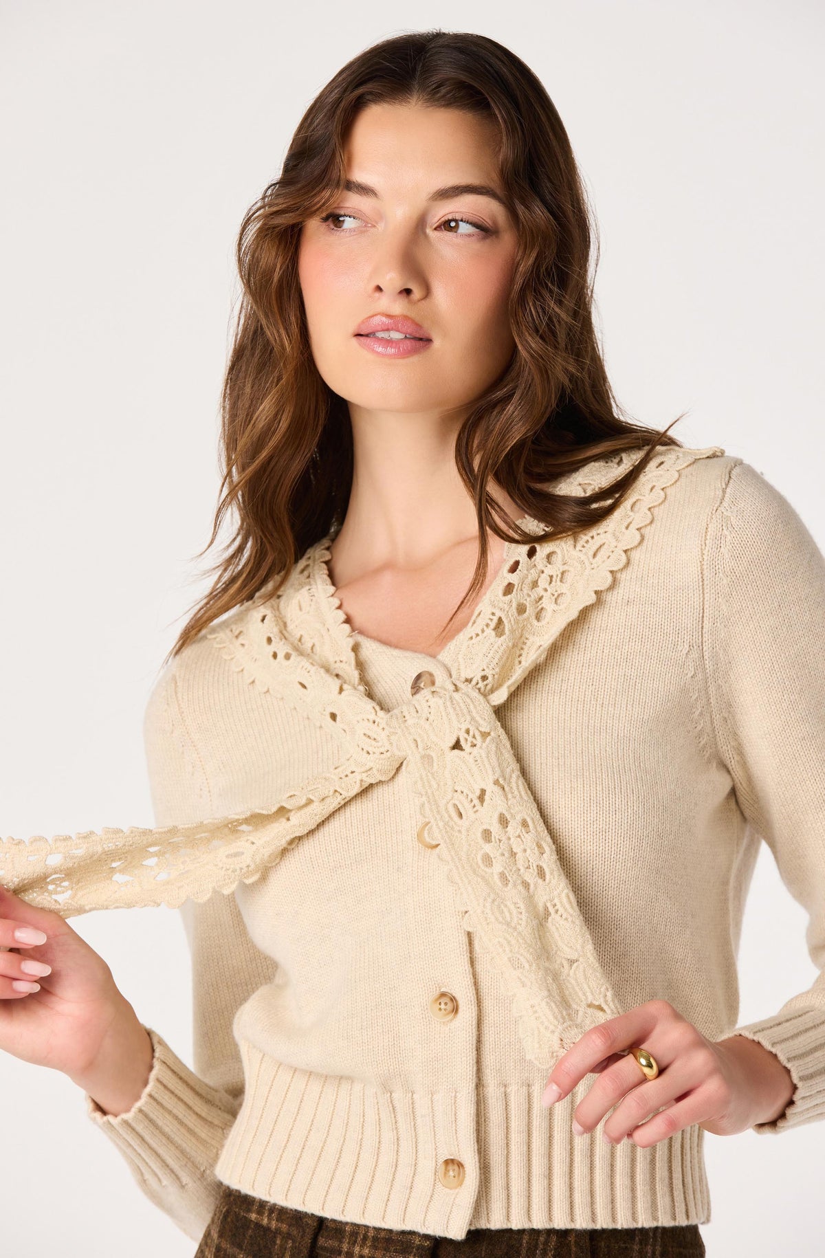 Ruffle Collar Cable Knit Cardigan in Natural — view 5